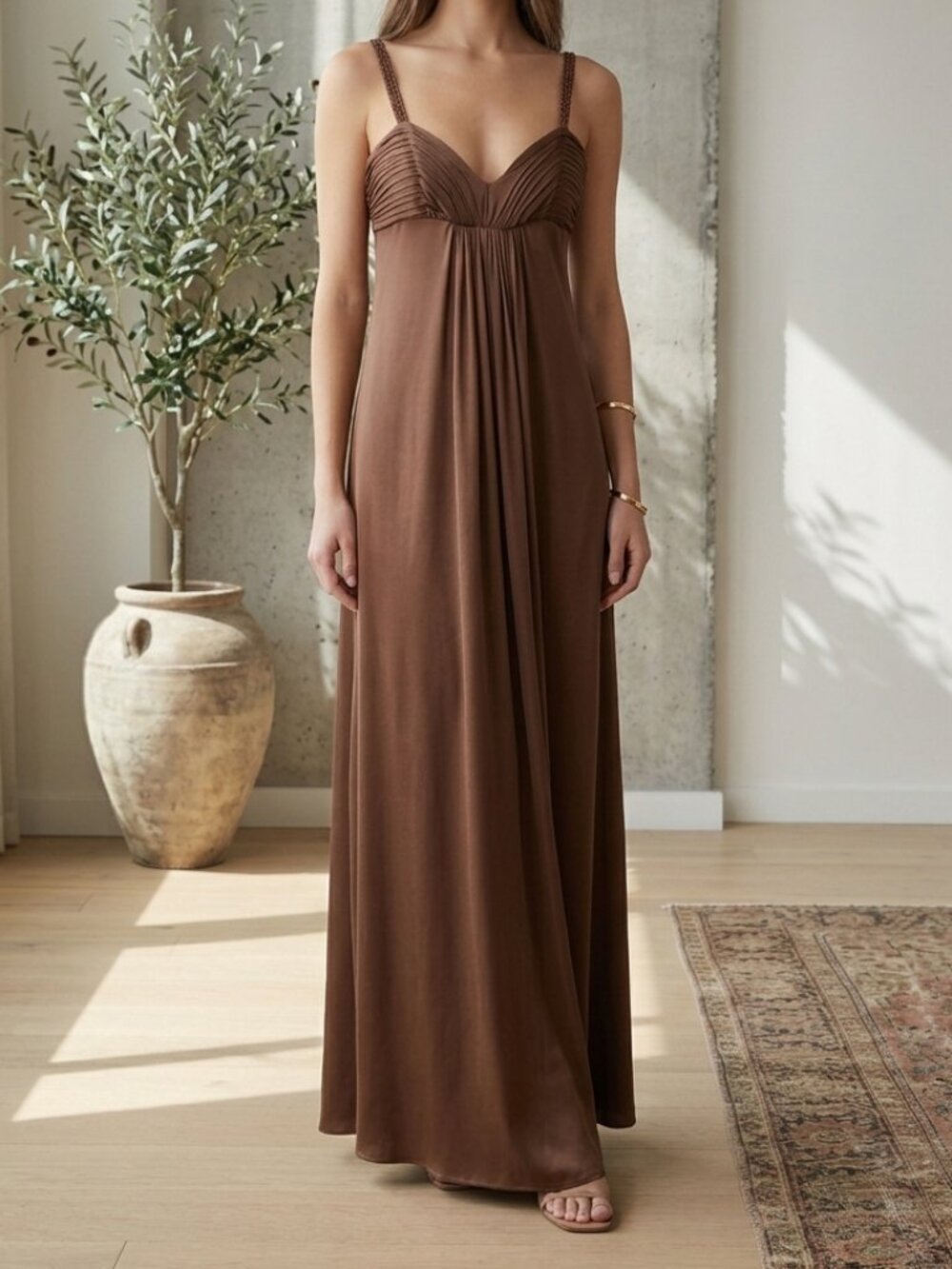 BCBGMaxAzria Brown Beaded Maxi Dress with Pleated Bodice